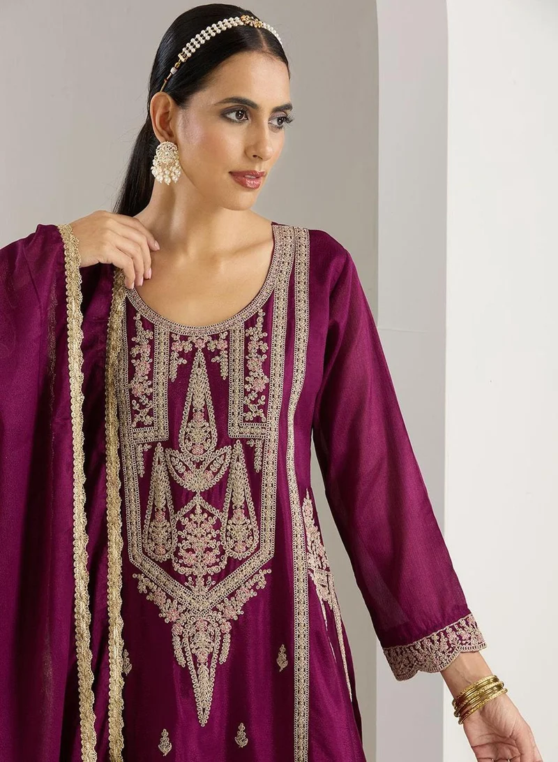 ISHIN Women's Purple Polyester Blend Embellished Kaftan Full Length Palazzo Straight Fit Kurta Set
